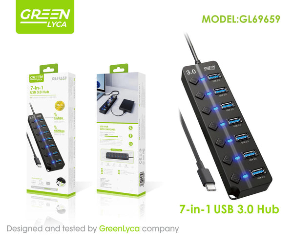 Tipo-C HUB 7 EN 1/ CON INTERRUCTORES ON/OFF, USB 3.0 X1, UBS 2.2 X6, Green Lyca gl69659